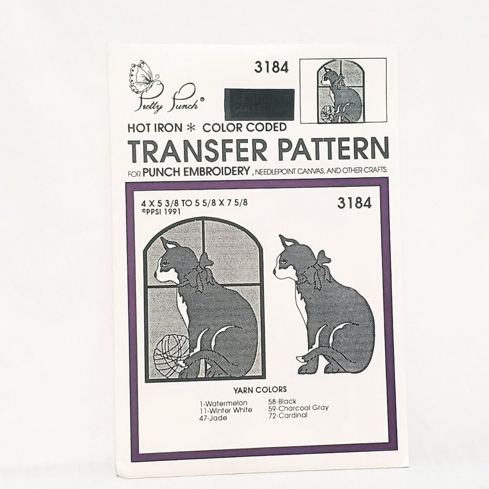Pretty Punch Hot Iron Embroidery Transfer Patten Cat with Bow in Window 3184